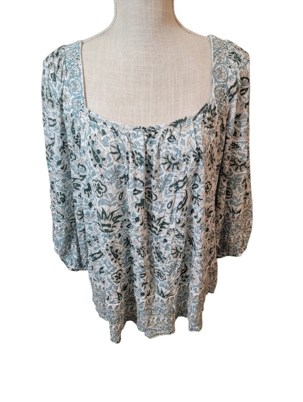 Lucky Brand Blue/Tan/White Pintuck Square Neck Floral Long Sleeve Blouse Size XL